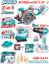 Kit combo TOTAL 20V – fierastrau circular, masina de gaurit cu impact, slefuitor, 2 acumulatori, incarcator