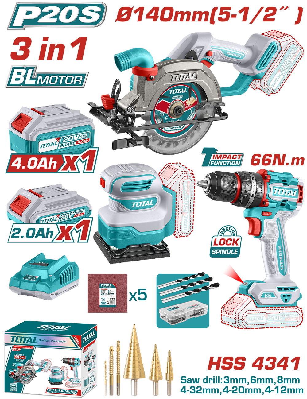 Kit combo TOTAL 20V – fierastrau circular, masina de gaurit cu impact, slefuitor, 2 acumulatori, incarcator