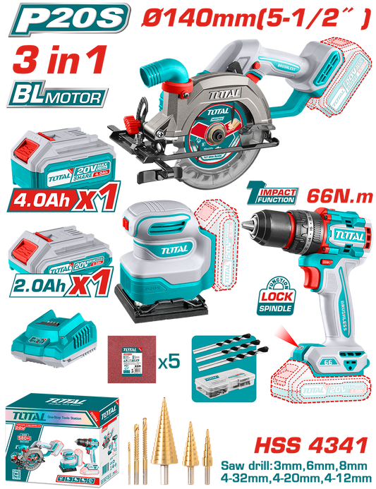 Kit combo TOTAL 20V – fierastrau circular, masina de gaurit cu impact, slefuitor, 2 acumulatori, incarcator