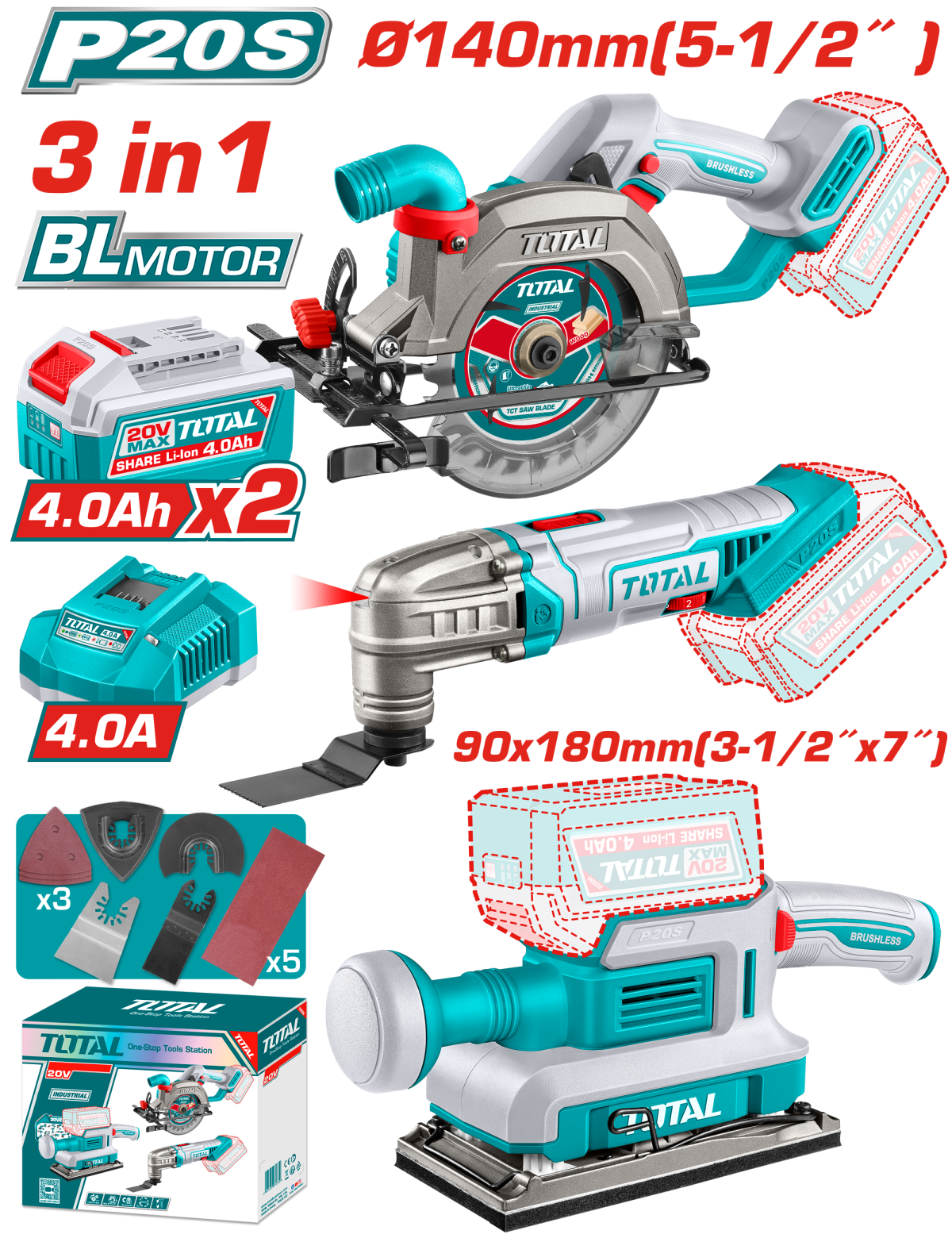Kit combo TOTAL 20V cu fierastrau circular, unealta multifunctionala si slefuitor, 2 acumulatori 4.0Ah, incarcator inclus