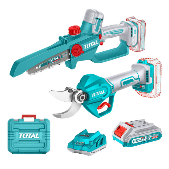Kit gradinarit TOTAL 20V cu foarfeca electrica de crengi si mini drujba, 2 acumulatori 2.0Ah, incarcator inclus