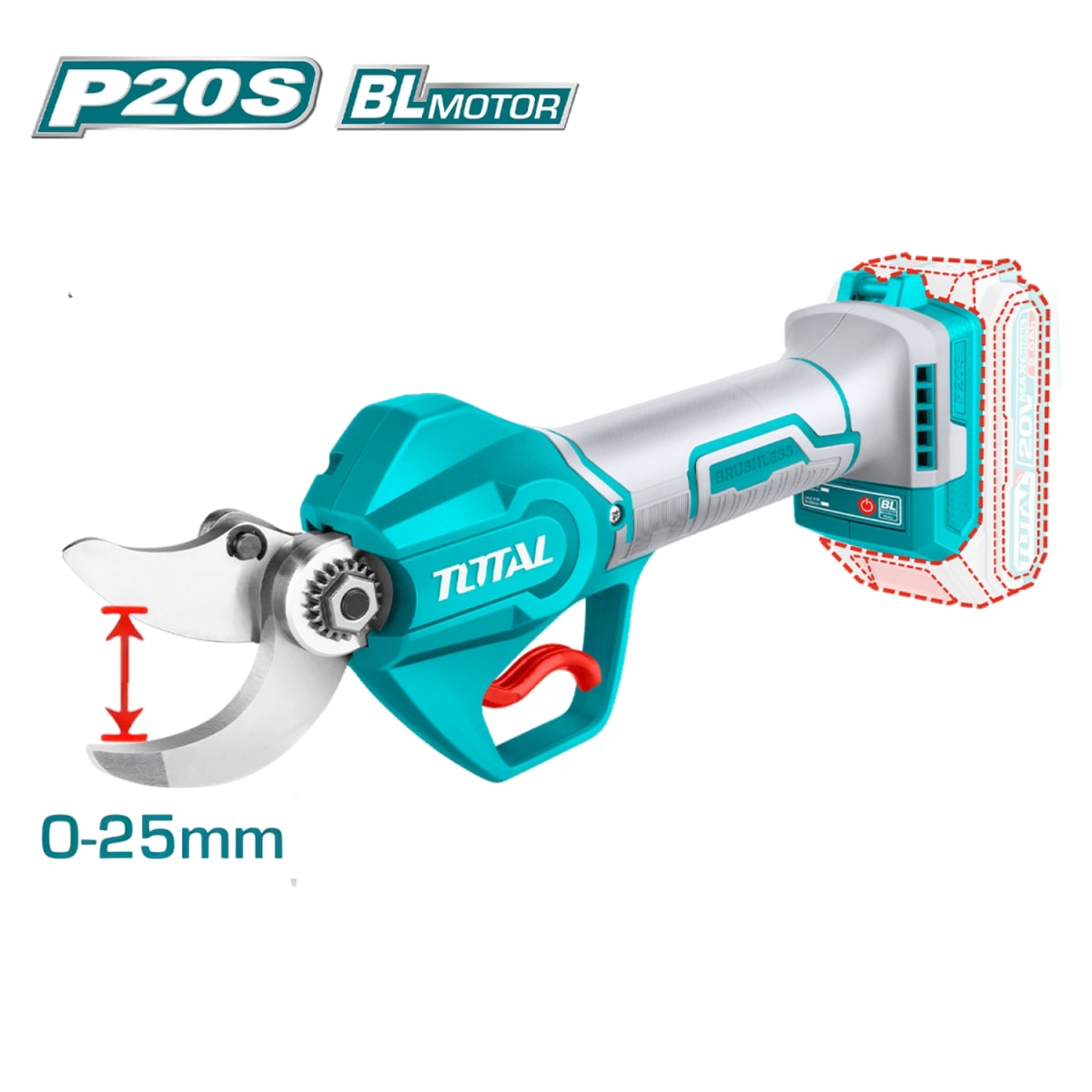 Kit gradinarit TOTAL 20V cu foarfeca electrica de crengi si mini drujba, 2 acumulatori 2.0Ah, incarcator inclus
