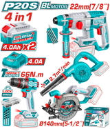 Kit combo TOTAL 20V cu masina de gaurit, ciocan rotopercutor, fierastrau circular si suflanta, 2 acumulatori 4.0Ah, incarcator inclus