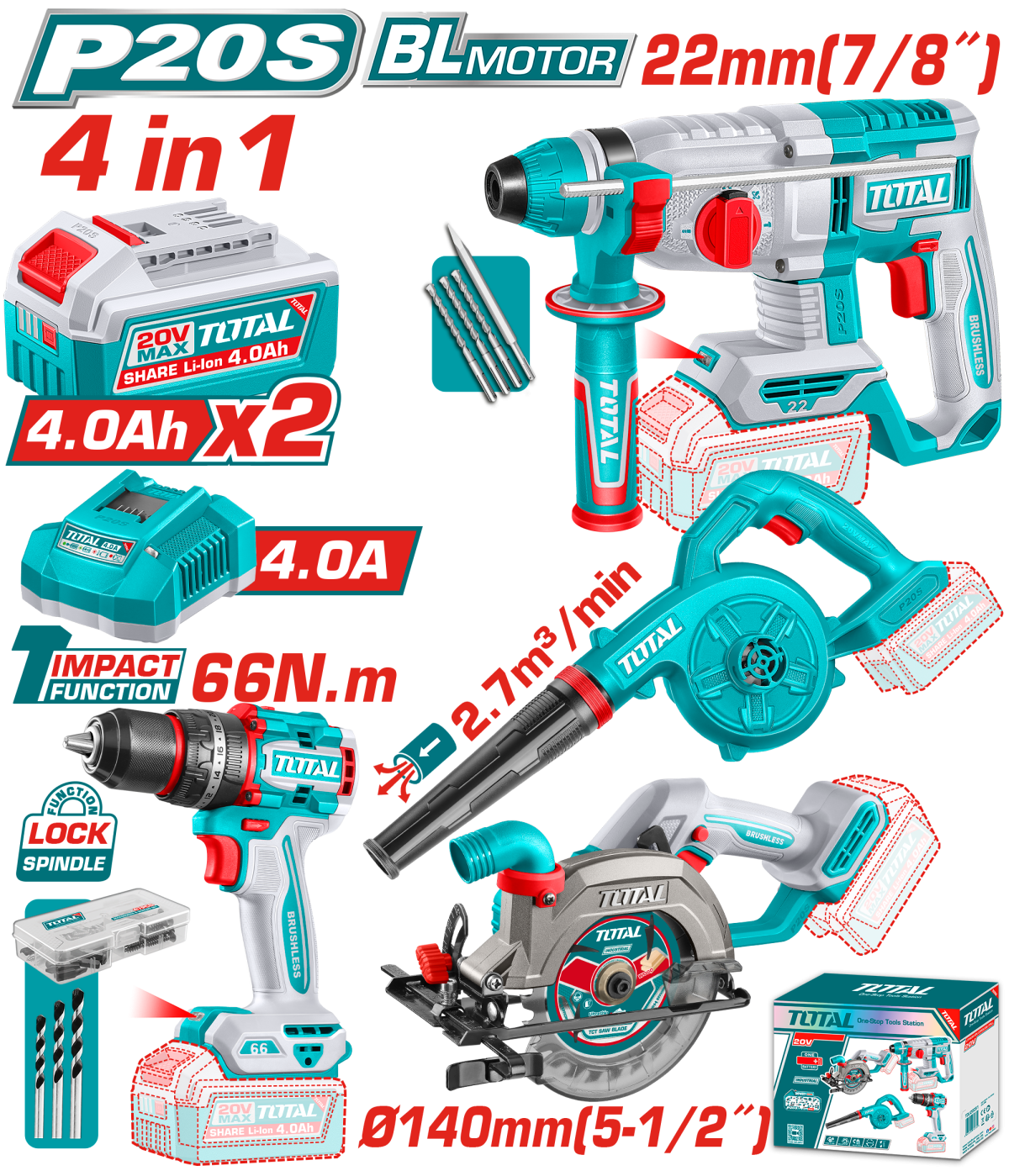Kit combo TOTAL 20V cu masina de gaurit, ciocan rotopercutor, fierastrau circular si suflanta, 2 acumulatori 4.0Ah, incarcator inclus
