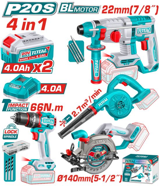Kit combo TOTAL 20V cu masina de gaurit, ciocan rotopercutor, fierastrau circular si suflanta, 2 acumulatori 4.0Ah, incarcator inclus