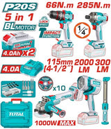 Kit combo TOTAL 20V cu masina de gaurit cu impact, masina de insurubat cu impact, polizor unghiular si lampi de lucru, 2 baterii, incarcator inclus