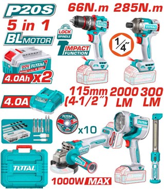 Kit combo TOTAL 20V cu masina de gaurit cu impact, masina de insurubat cu impact, polizor unghiular si lampi de lucru, 2 baterii, incarcator inclus