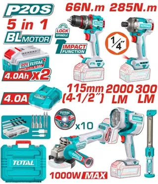 Kit Combo TOTAL 20V Brushless cu 4 unelte, 2 baterii, incarcator si lampa reincarcabila