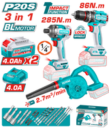 Kit combo TOTAL 20V cu masina de gaurit cu percutie, masina de insurubat cu impact si suflanta, 2 baterii 4.0Ah