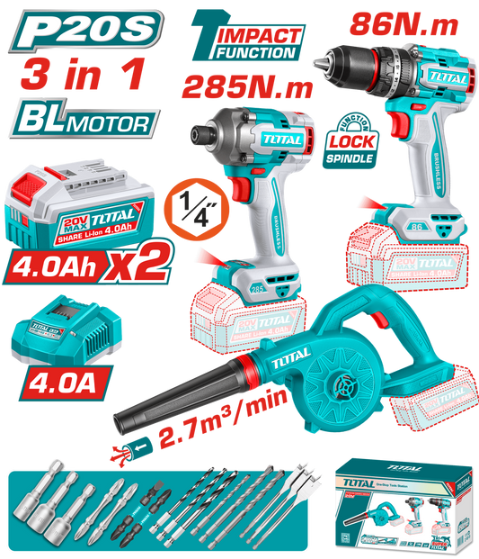 Kit combo TOTAL 20V cu masina de gaurit cu percutie, masina de insurubat cu impact si suflanta, 2 baterii 4.0Ah