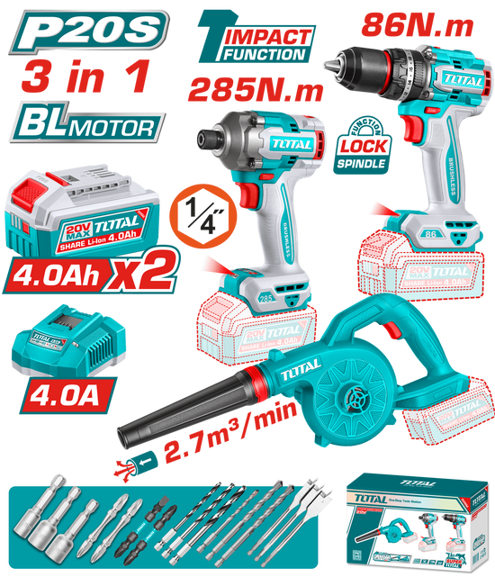 Kit combo TOTAL 20V cu masina de gaurit cu percutie, masina de insurubat cu impact si suflanta, 2 baterii 4.0Ah