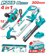 Kit combo gradinarit TOTAL 20V – drujba, trimmer gard viu, suflanta, trimmer iarba, 2 baterii 4.0Ah, incarcator