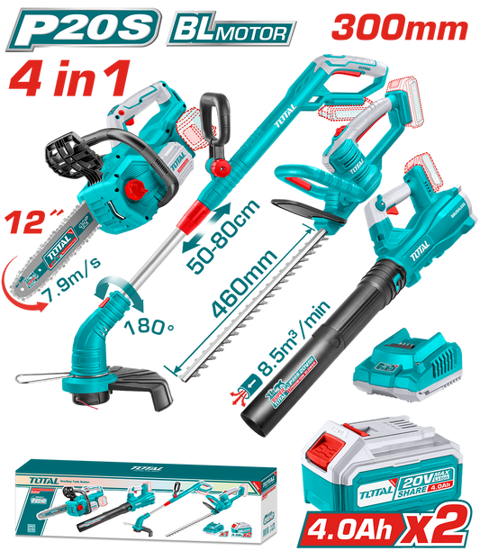 Kit combo gradinarit TOTAL 20V – drujba, trimmer gard viu, suflanta, trimmer iarba, 2 baterii 4.0Ah, incarcator