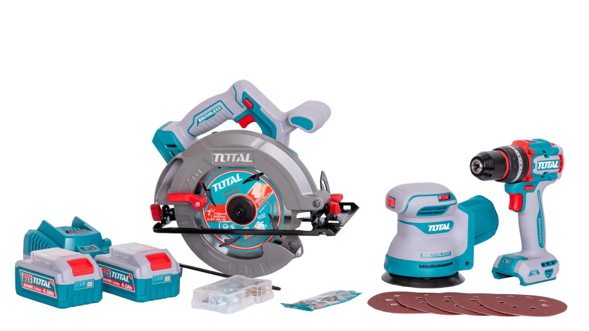 Kit combo TOTAL 20V cu fierastrau circular, masina de gaurit cu impact si slefuitor