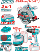 Kit combo TOTAL 20V cu fierastrau circular, masina de gaurit cu impact si slefuitor
