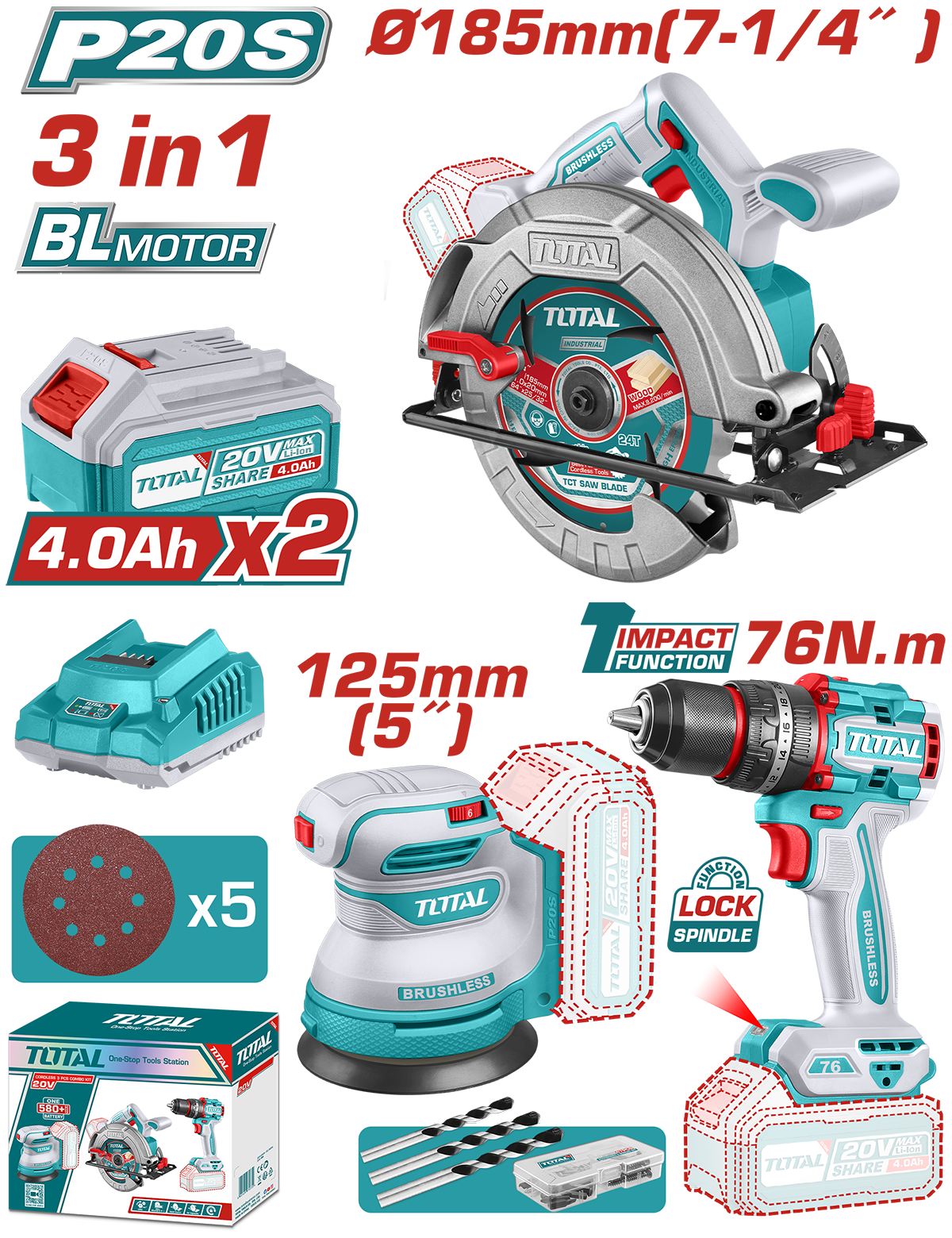 Kit combo TOTAL 20V cu fierastrau circular, masina de gaurit cu impact si slefuitor