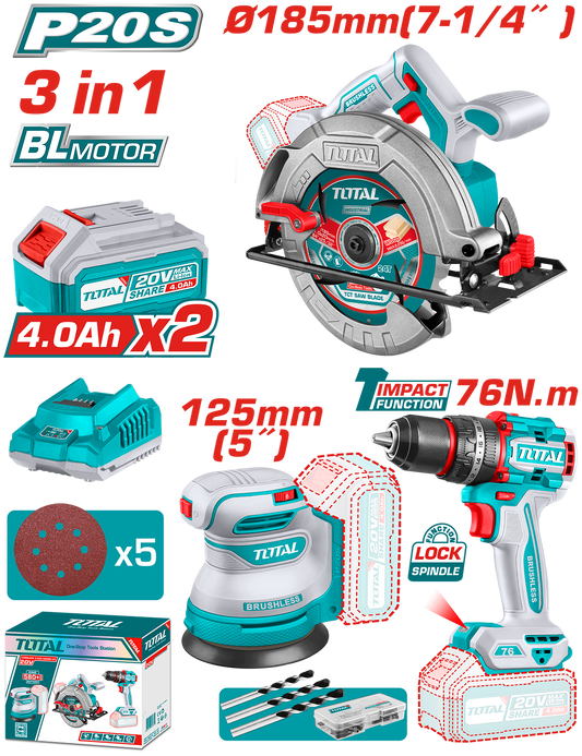Kit combo TOTAL 20V cu fierastrau circular, masina de gaurit cu impact si slefuitor