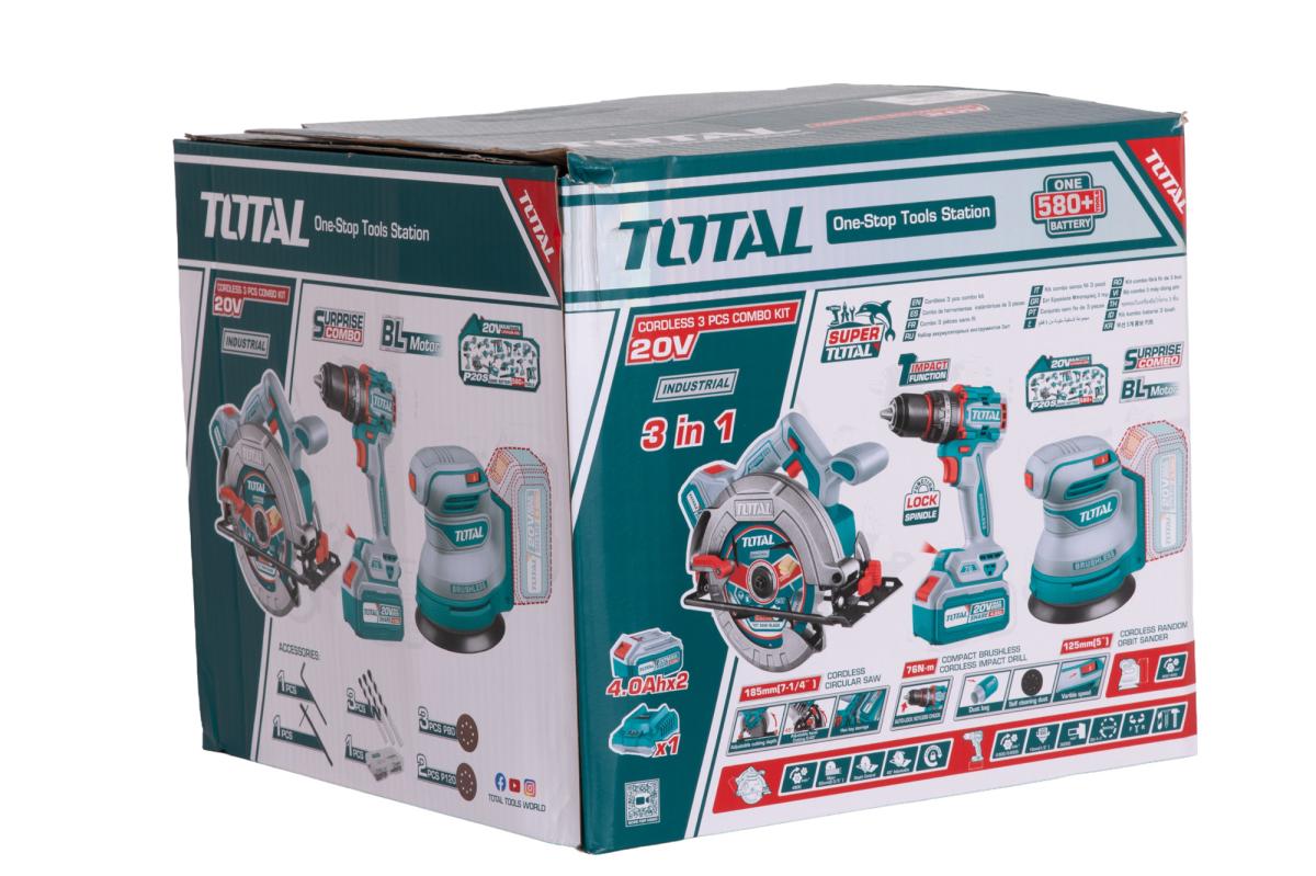Kit combo TOTAL 20V cu fierastrau circular, masina de gaurit cu impact si slefuitor