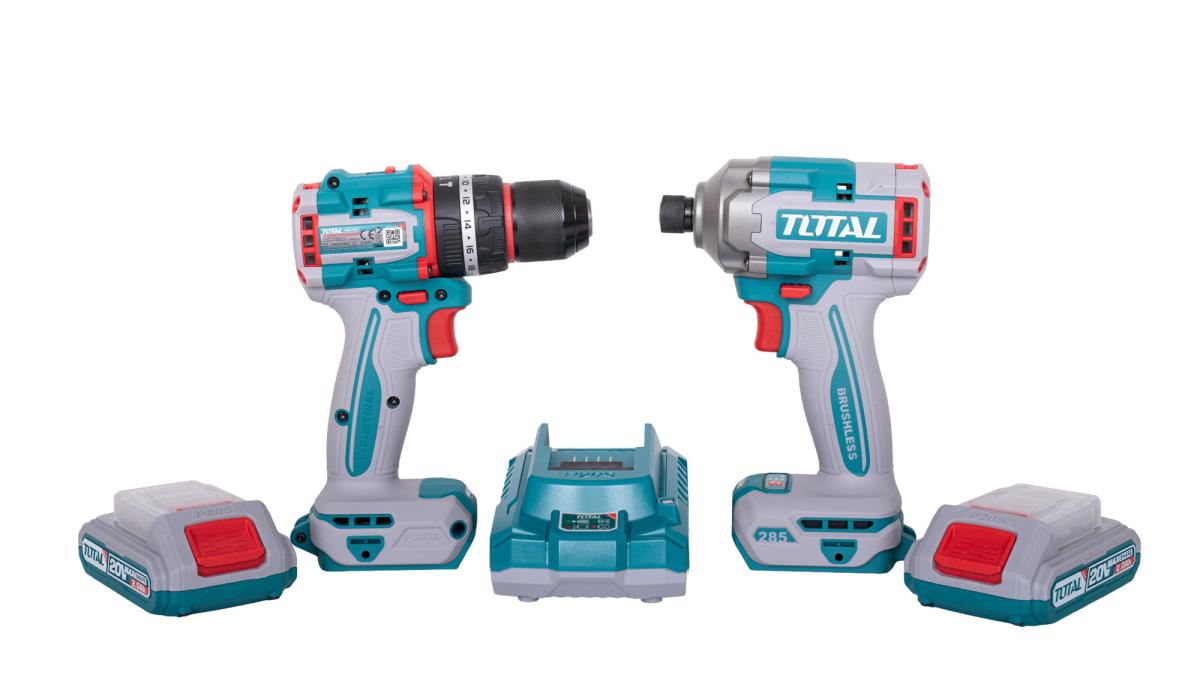 Kit Combo TOTAL 20V 2.0Ah – Masina de gaurit cu impact 66Nm + Masina de insurubat cu impact 285Nm, 2 acumulatori, incarcator