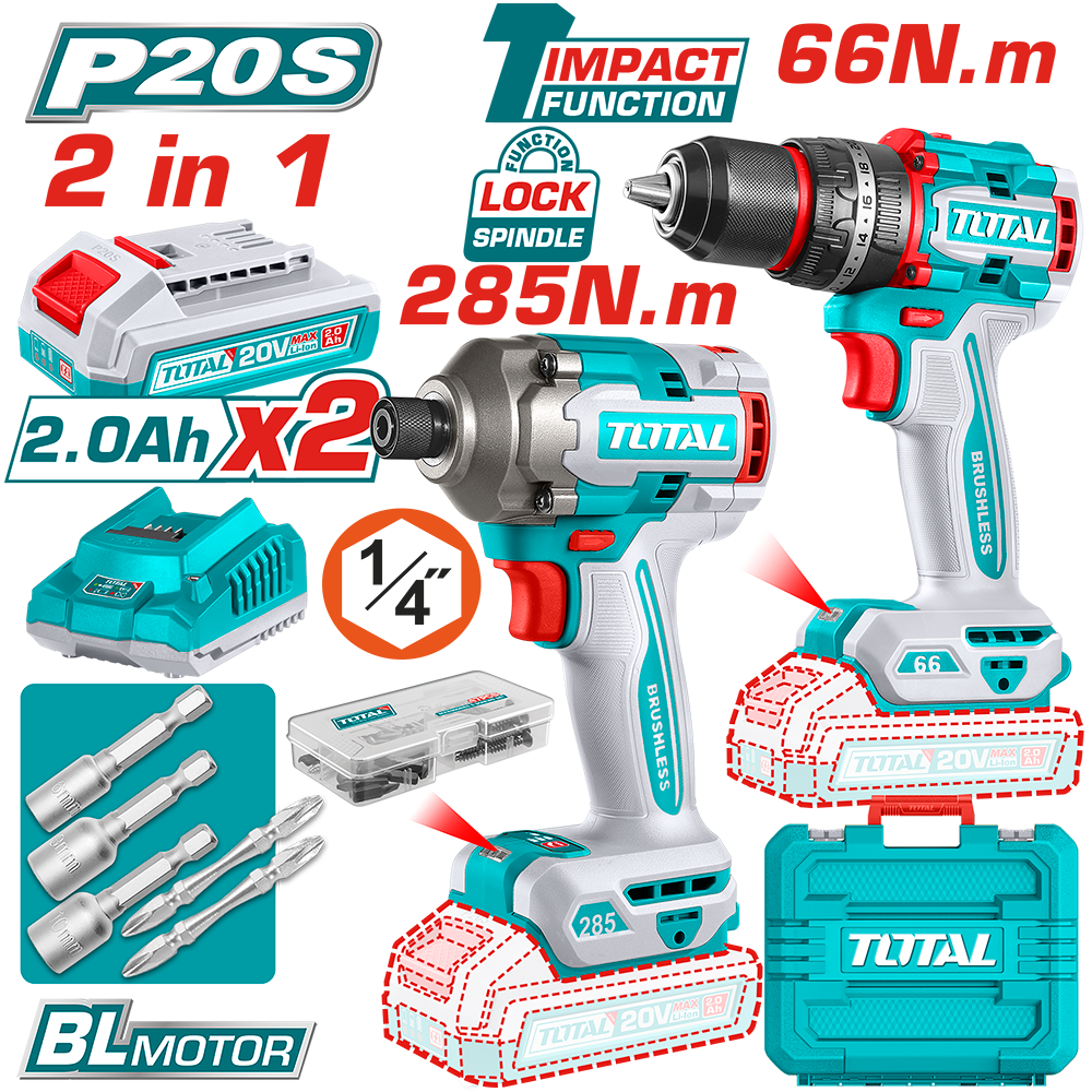 Kit Combo TOTAL 20V 2.0Ah – Masina de gaurit cu impact 66Nm + Masina de insurubat cu impact 285Nm, 2 acumulatori, incarcator