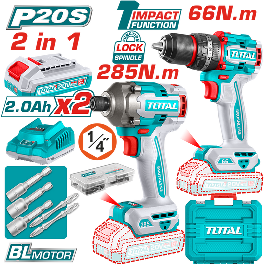 Kit Combo TOTAL 20V 2.0Ah – Masina de gaurit cu impact 66Nm + Masina de insurubat cu impact 285Nm, 2 acumulatori, incarcator