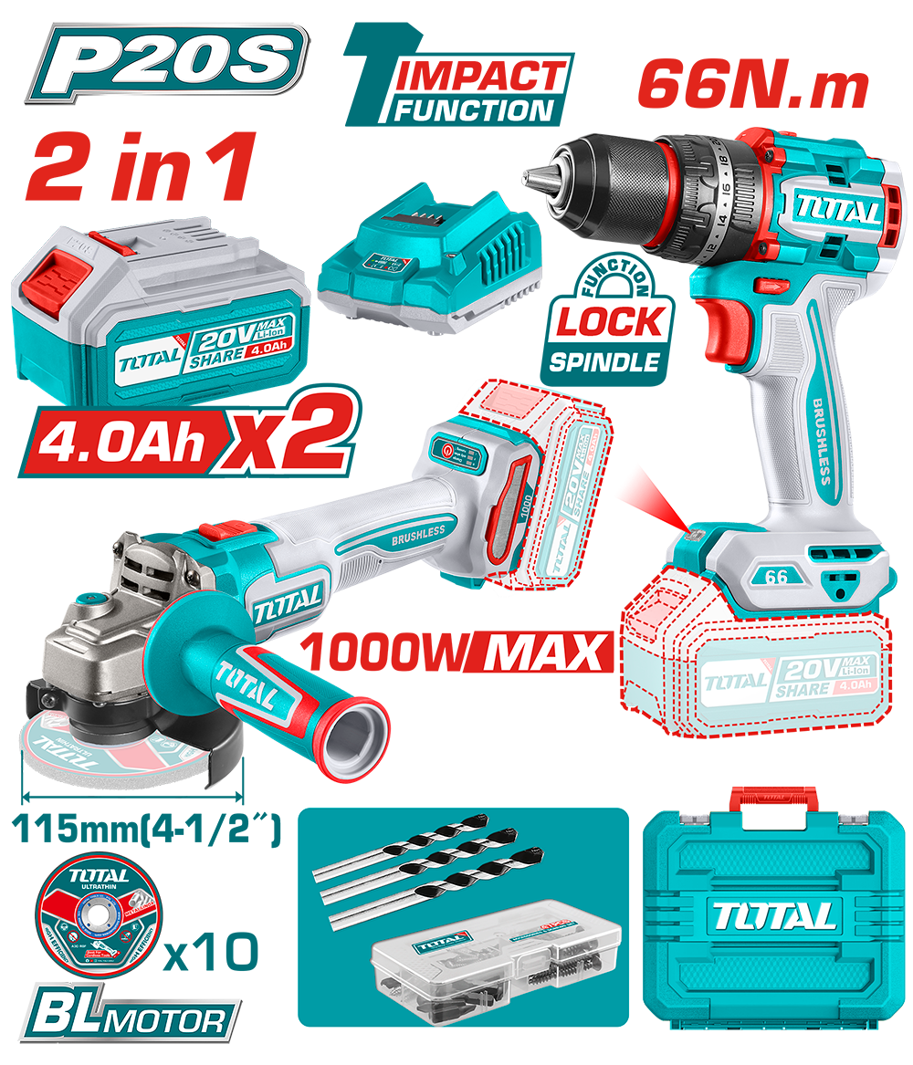 Kit Combo TOTAL 20V – Masina de gaurit cu impact 66Nm + Polizor unghiular 115mm, 2 acumulatori 4.0Ah, incarcator