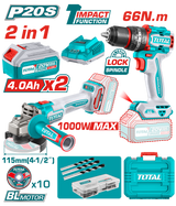 Kit Combo TOTAL 20V – Masina de gaurit cu impact 66Nm + Polizor unghiular 115mm, 2 acumulatori 4.0Ah, incarcator