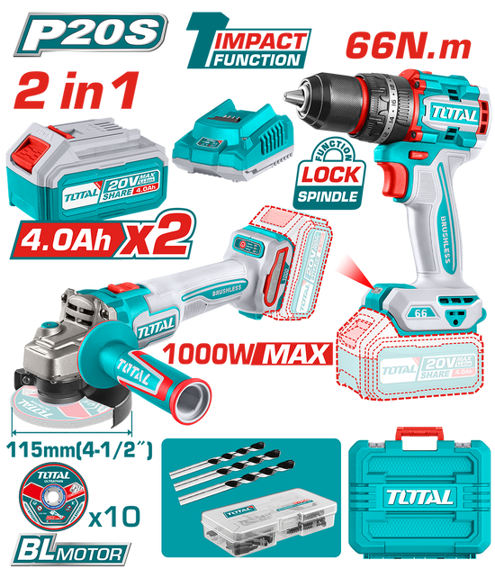 Kit Combo TOTAL 20V – Masina de gaurit cu impact 66Nm + Polizor unghiular 115mm, 2 acumulatori 4.0Ah, incarcator
