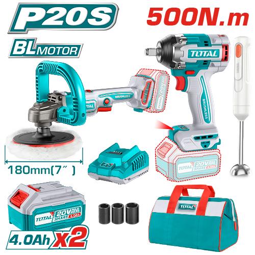 Kit combo TOTAL 20V – Pistol de insurubat cu impact, Masina de polisat si Blender fara fir (include 2 acumulatori si incarcator)