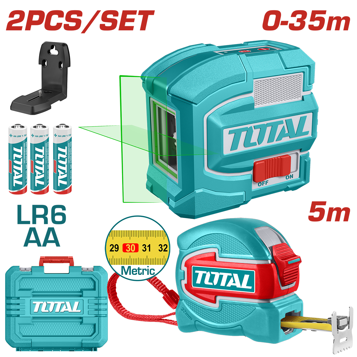 Kit TOTAL nivela laser verde 35 m cu ruleta 5 m