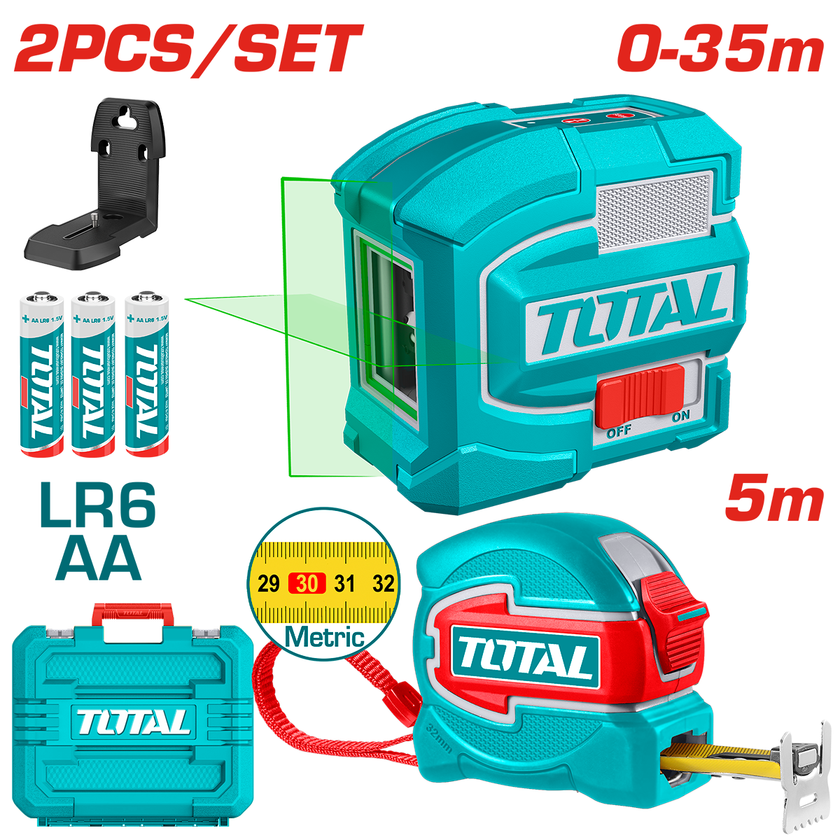 Kit TOTAL nivela laser verde 35 m cu ruleta 5 m