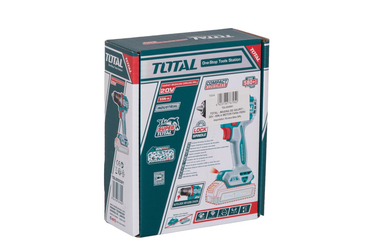Masina de gaurit TOTAL 20V, 55 Nm, motor fara perii (FARA acumulator si incarcator)