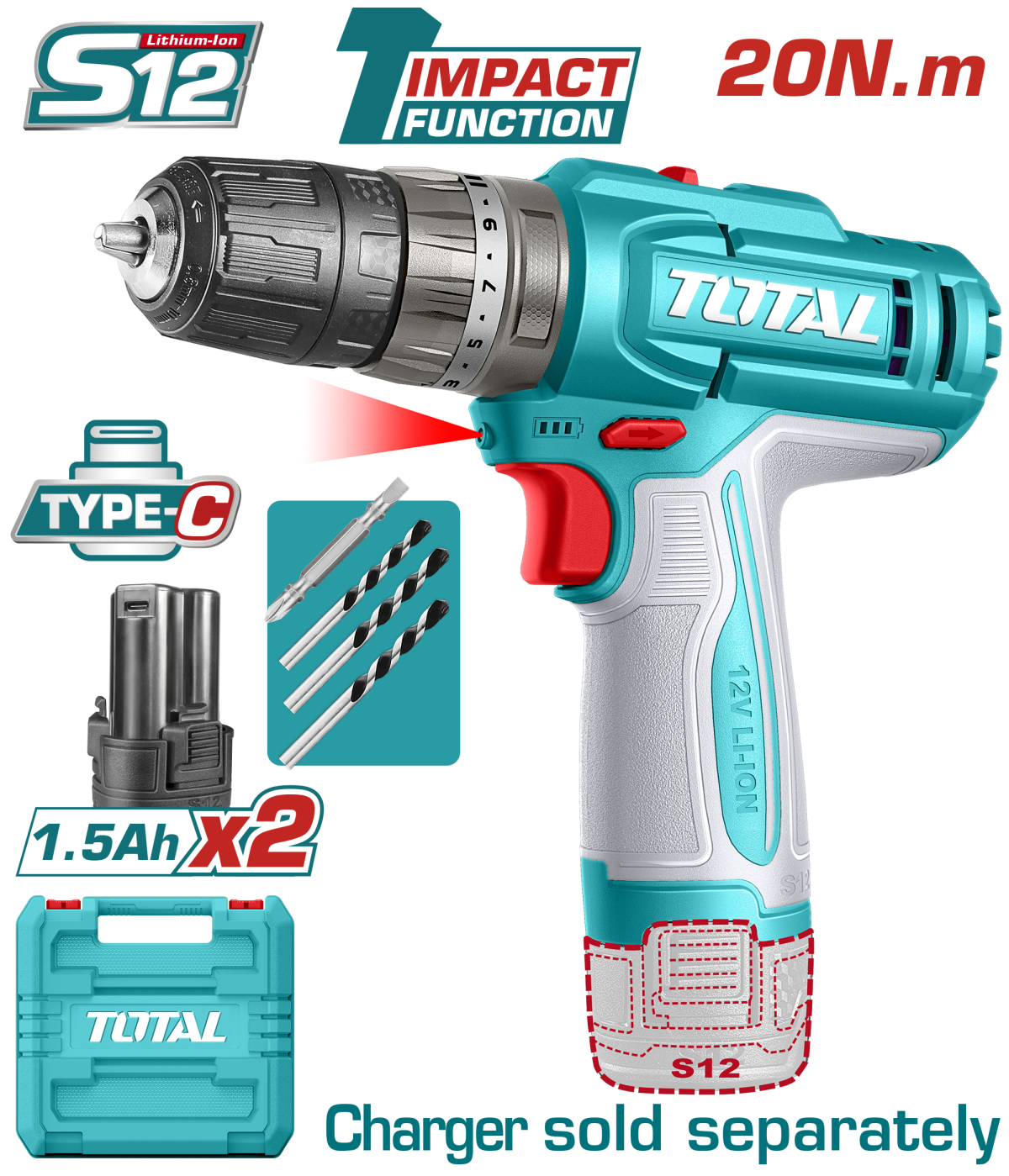 Masina de gaurit cu percutie TOTAL 12V, 20 Nm, 2 trepte viteza, 2 baterii 1.5Ah, fara incarcator