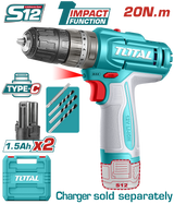 Masina de gaurit cu percutie TOTAL 12V, 20 Nm, 2 trepte viteza, 2 baterii 1.5Ah, fara incarcator