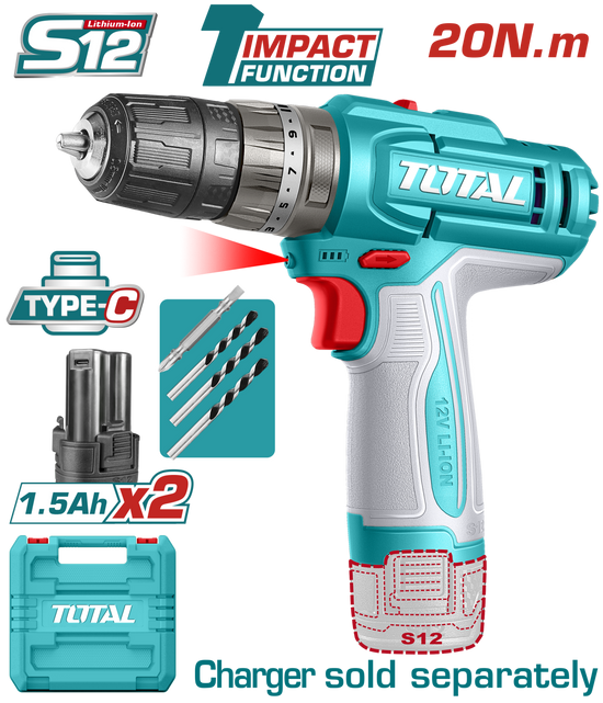 Masina de gaurit cu percutie TOTAL 12V, 20 Nm, 2 trepte viteza, 2 baterii 1.5Ah, fara incarcator