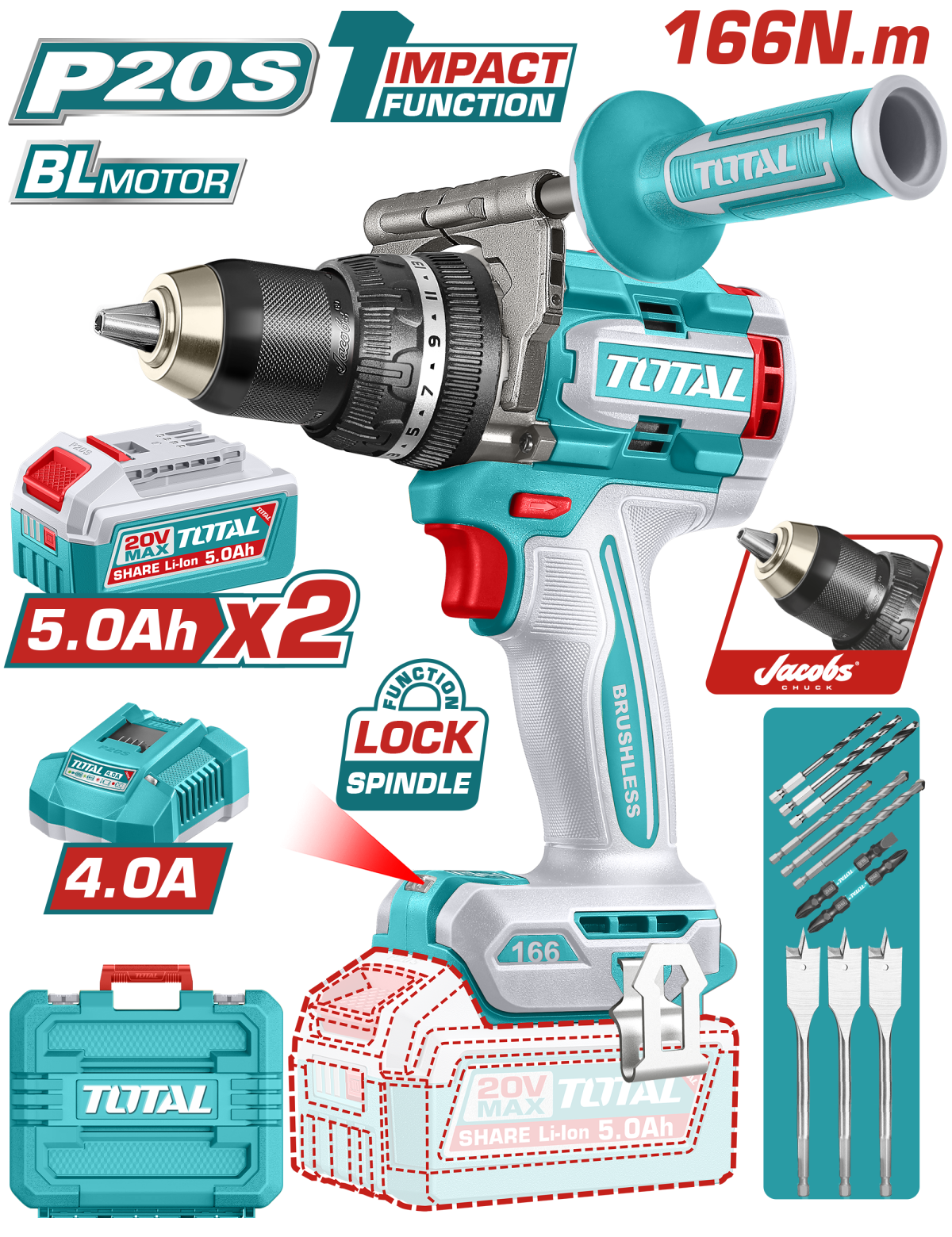 Masina de gaurit cu percutie TOTAL 20V, brushless, 166 Nm, 2 acumulatori 5.0Ah, incarcator inclus