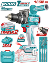 Masina de gaurit cu percutie TOTAL 20V, brushless, 166 Nm, 2 acumulatori 5.0Ah, incarcator inclus