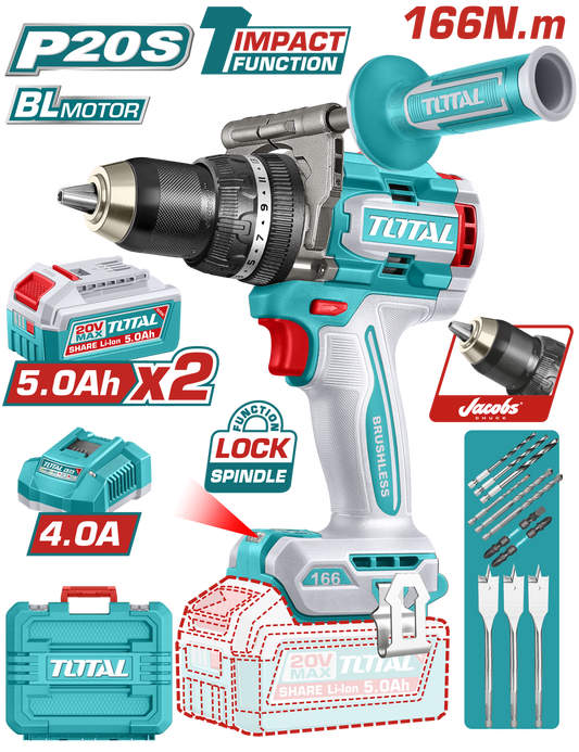 Masina de gaurit cu percutie TOTAL 20V, brushless, 166 Nm, 2 acumulatori 5.0Ah, incarcator inclus