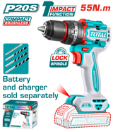 Masina de gaurit cu percutie TOTAL 20V, 55 Nm, motor fara perii (FARA acumulator si incarcator)