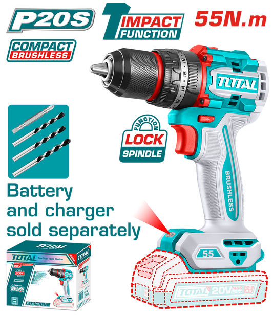 Masina de gaurit cu percutie TOTAL 20V, 55 Nm, motor fara perii (FARA acumulator si incarcator)