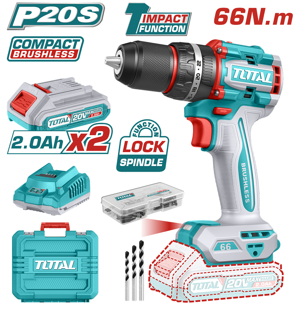 Masina de gaurit cu percutie TOTAL 20V 66Nm, 2x2.0Ah, Brushless