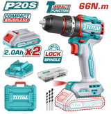 Masina de gaurit cu percutie TOTAL 20V 66Nm, 2x2.0Ah, Brushless