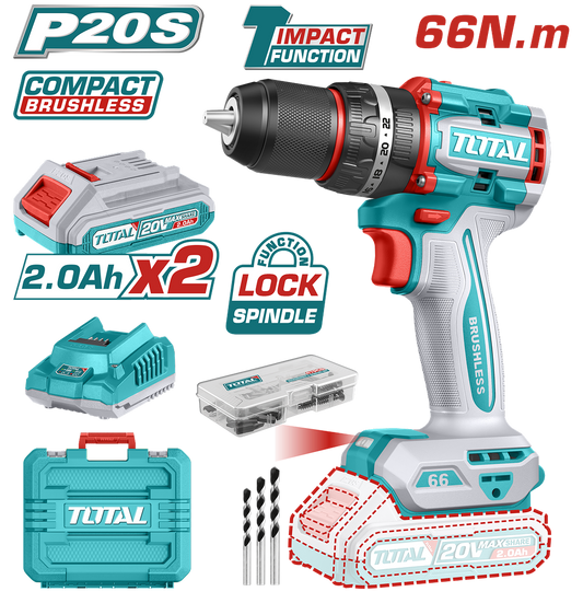 Masina de gaurit cu percutie TOTAL 20V 66Nm, 2x2.0Ah, Brushless