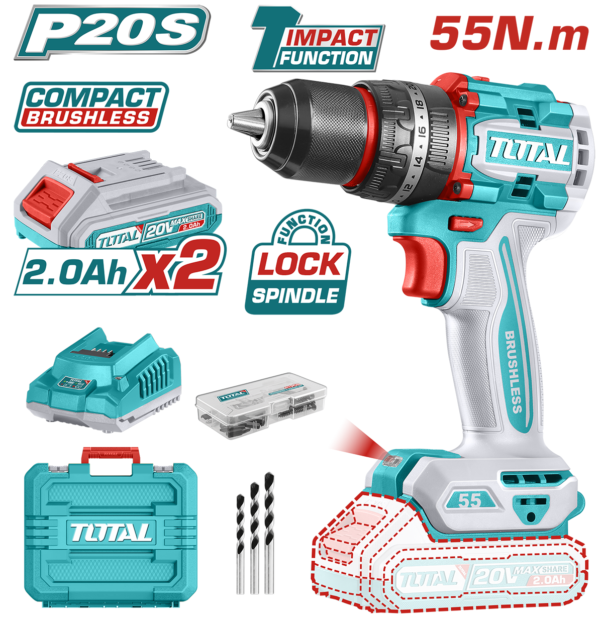 Masina de gaurit cu percutie TOTAL 20V, 55Nm, Brushless, 2 acumulatori 2.0Ah + incarcator