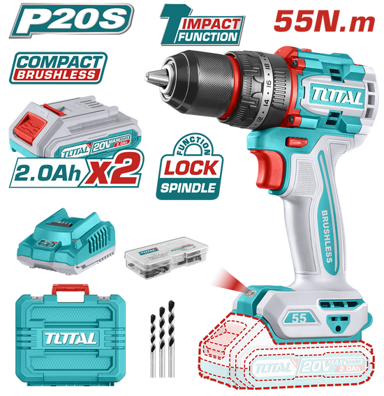 Masina de gaurit cu percutie TOTAL 20V, 55Nm, Brushless, 2 acumulatori 2.0Ah + incarcator