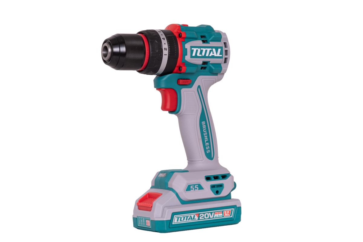 Masina de gaurit cu percutie TOTAL 20V, 55Nm, Brushless, 2 acumulatori 2.0Ah + incarcator