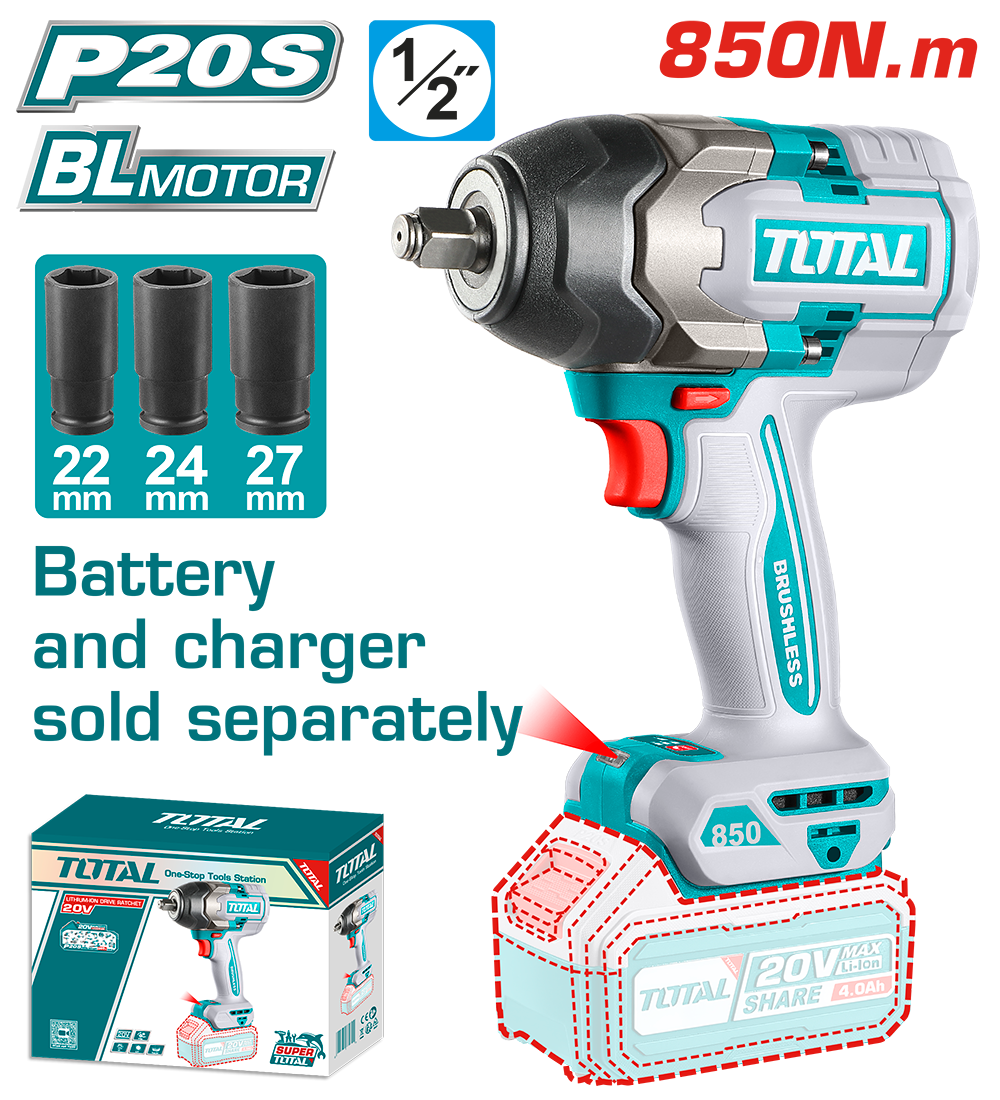 Masina de insurubat cu impact TOTAL 20V, 850 Nm, prindere 1/2”, motor fara perii (FARA acumulator si incarcator)