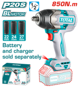 Masina de insurubat cu impact TOTAL 20V, 850 Nm, prindere 1/2”, motor fara perii (FARA acumulator si incarcator)
