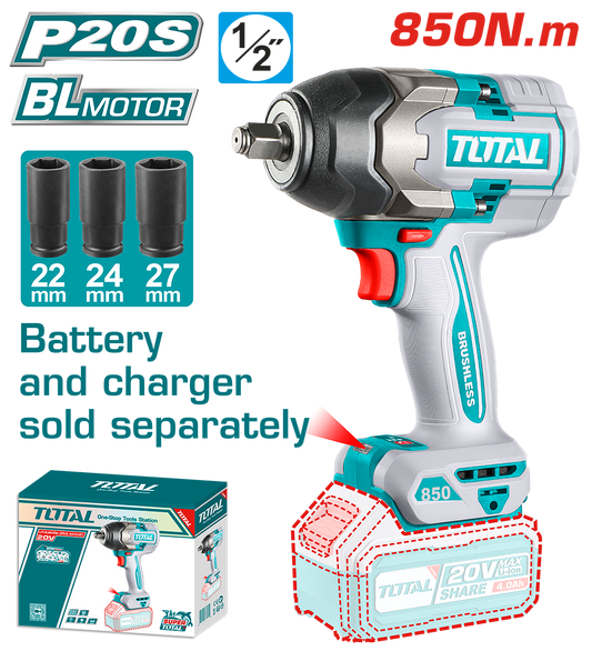 Masina de insurubat cu impact TOTAL 20V, 850 Nm, prindere 1/2”, motor fara perii (FARA acumulator si incarcator)