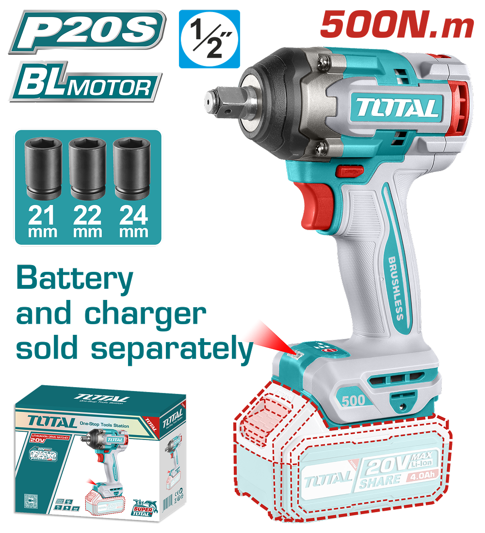 Masina de insurubat cu impact TOTAL 20V, 500 Nm, prindere 1/2”, motor fara perii (FARA acumulator si incarcator)